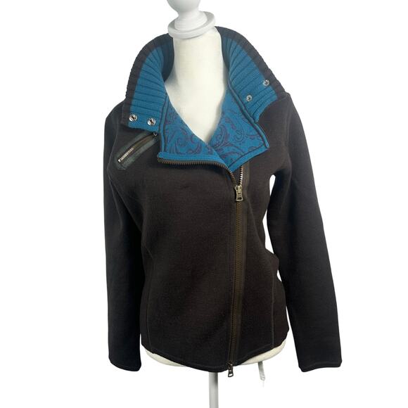 Title Nine Wool Blend Moto Knit Sweater XS Brown Teal Asymmetrical Zip Jacket - Picture 6 of 14